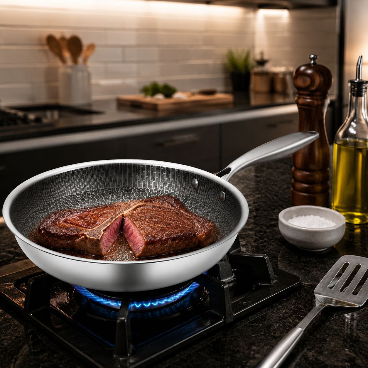 Modern stainless steel steak pan on kitchen counter
