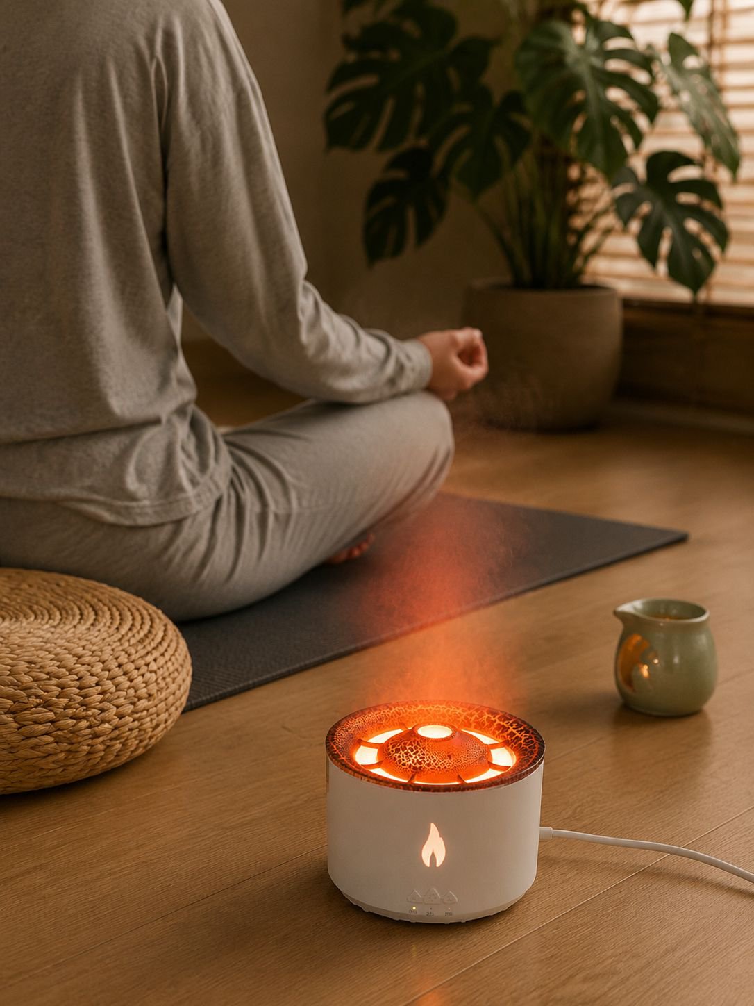 Volcano Humidifier Aromatherapy Machine with dual-color LED lights on desktop