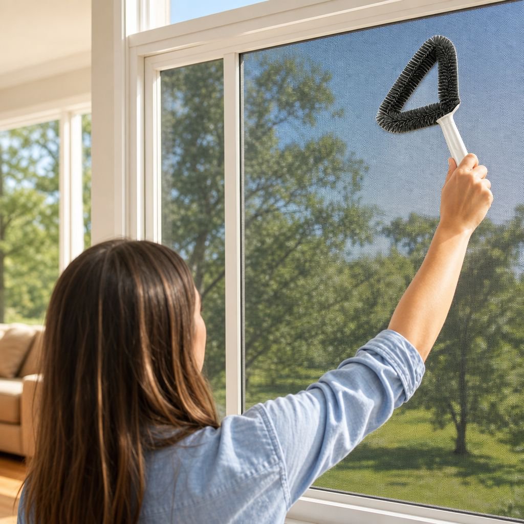 Efficient dust and dirt removal from window screen