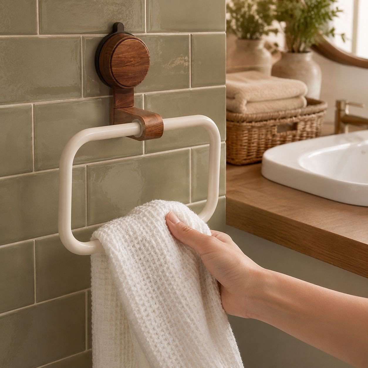 Minimalist walnut towel rack holding white towels
