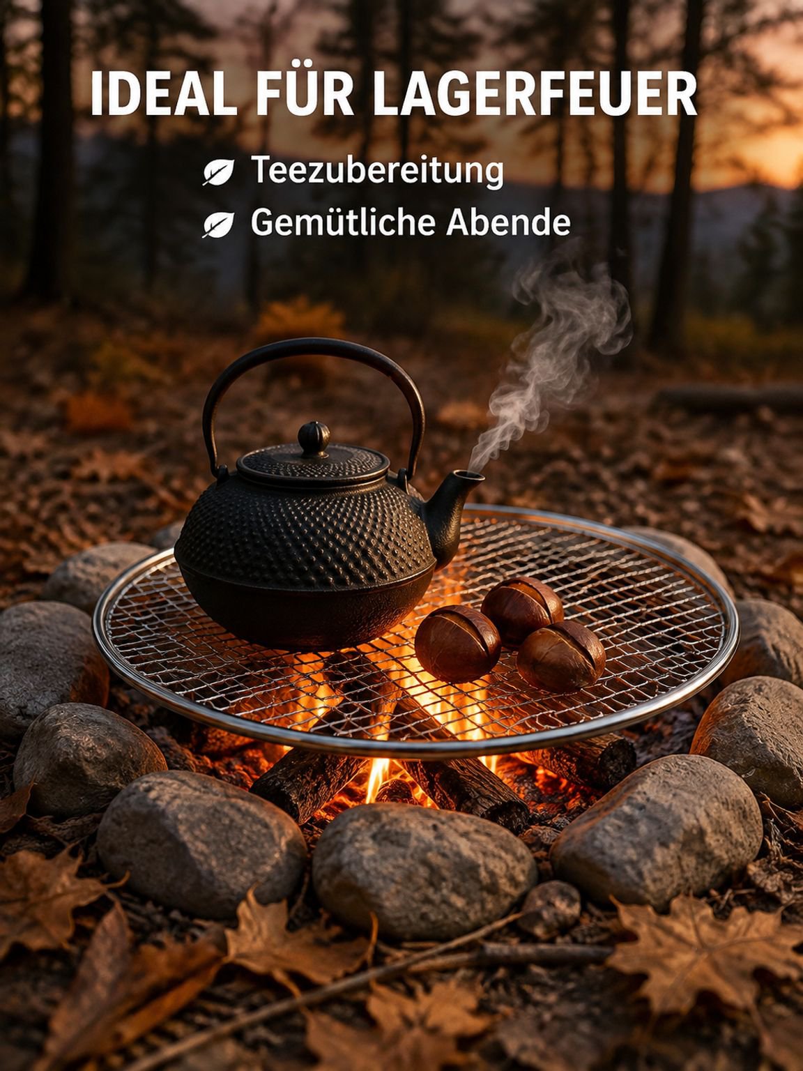 Robuster runder Grillrost aus Edelstahl (Typ 304) für die Teezubereitung am Lagerfeuer