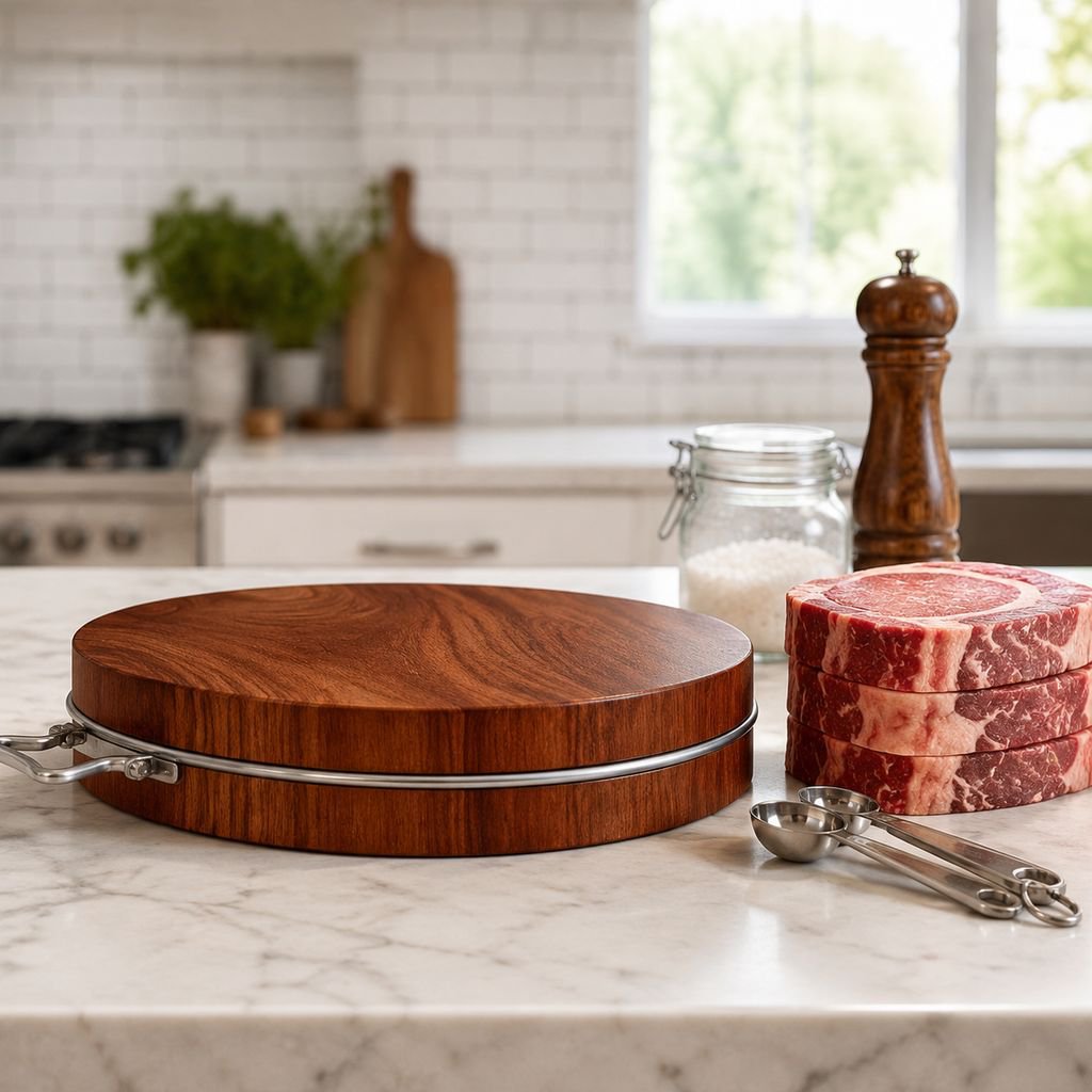 Solid wood round cutting board with vegetables