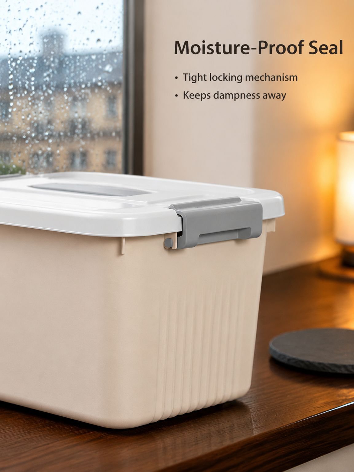 Plastic storage container with secure lid and movable wheels