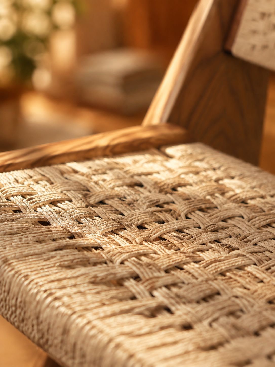 Massiver Holzsessel im Vintage-Wabi-Sabi-Stil mit geflochtener Sitzfläche