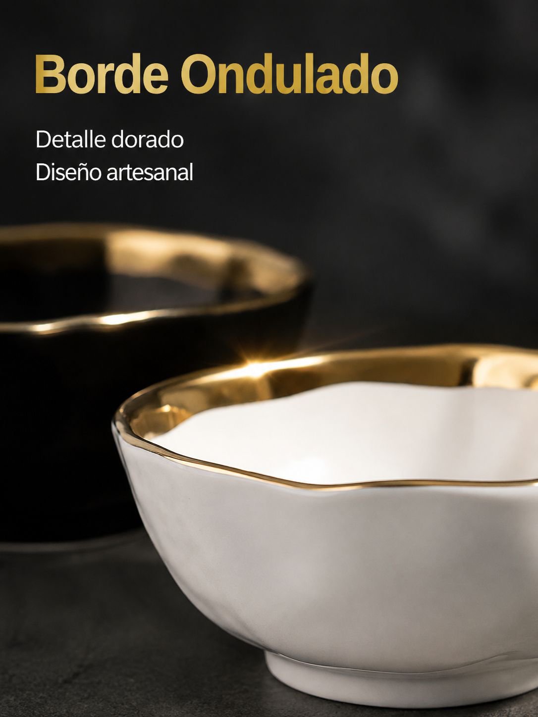 Cuenco redondo de porcelana con borde dorado