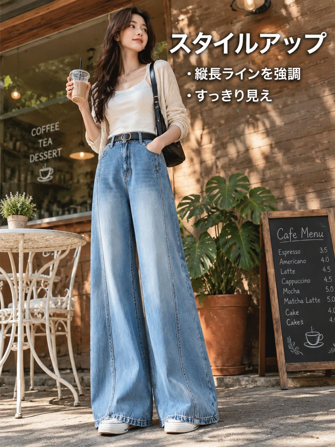 着痩せして見える、落ち感のあるデニムパンツ