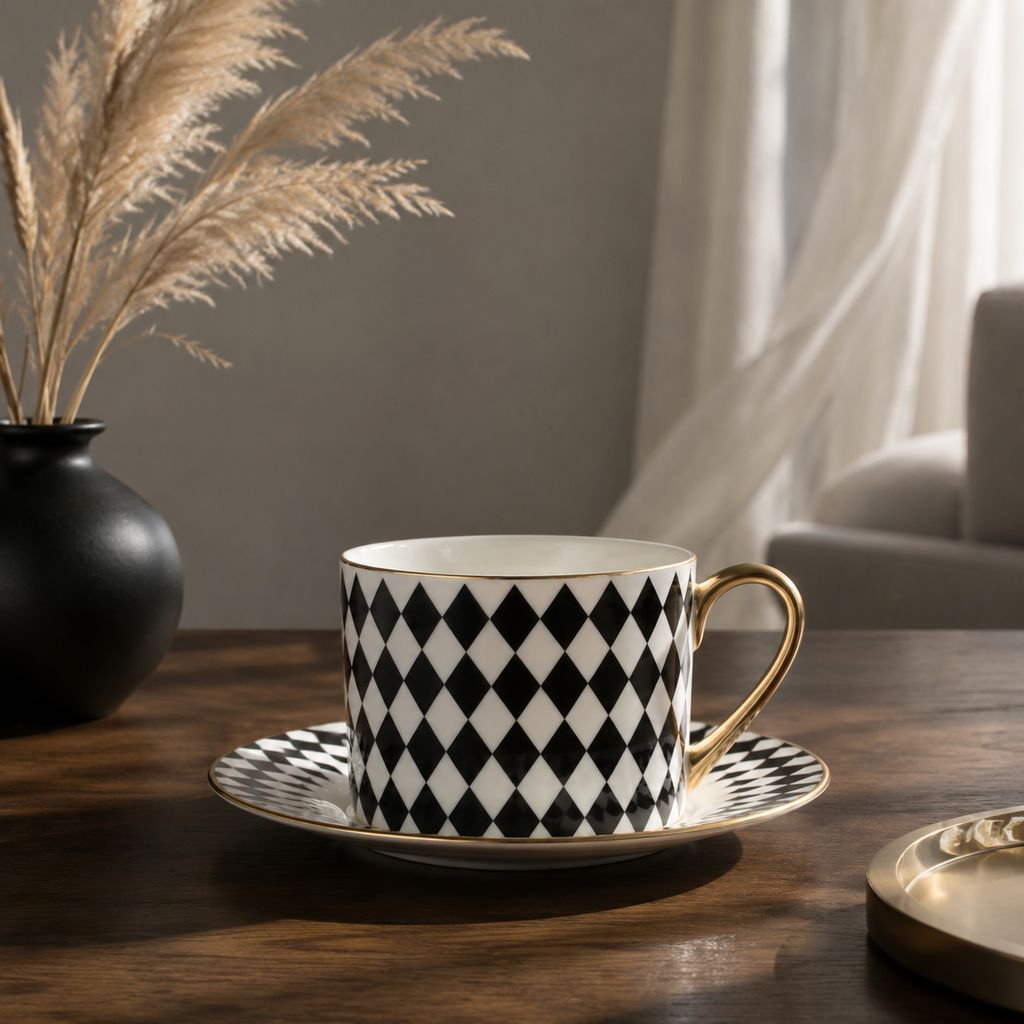 Knochenporzellan-Kaffeetassen- und Untertassen-Set mit schwarz-weiss geometrischem Design