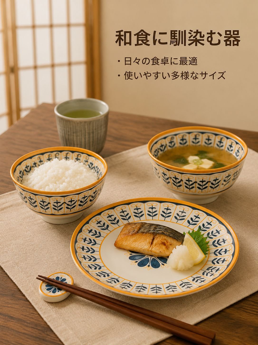 陶器製の模様入りボウルと皿