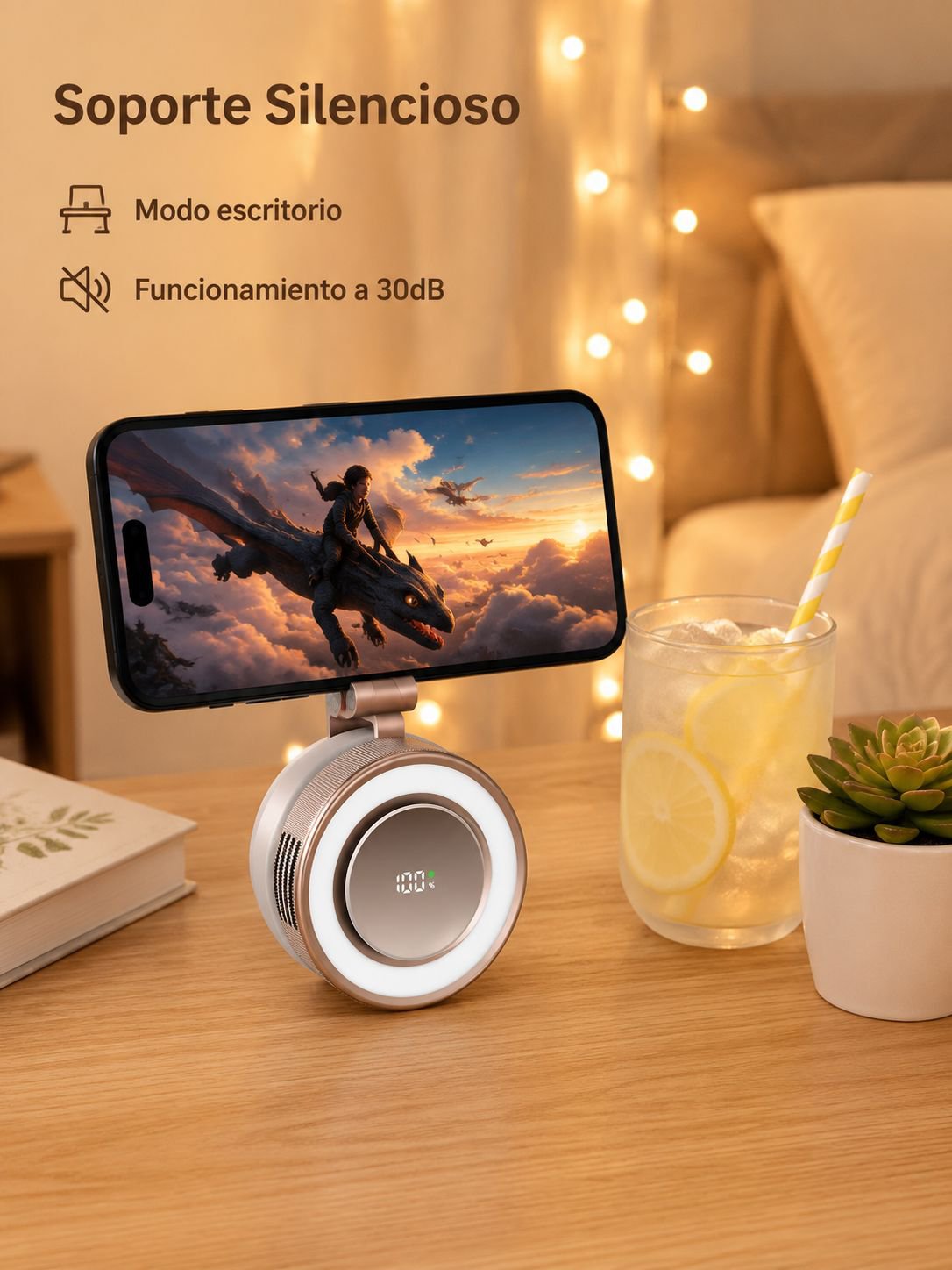 Ventilador portátil sin aspas con luz nocturna USB, luz de relleno magnética y clip giratorio