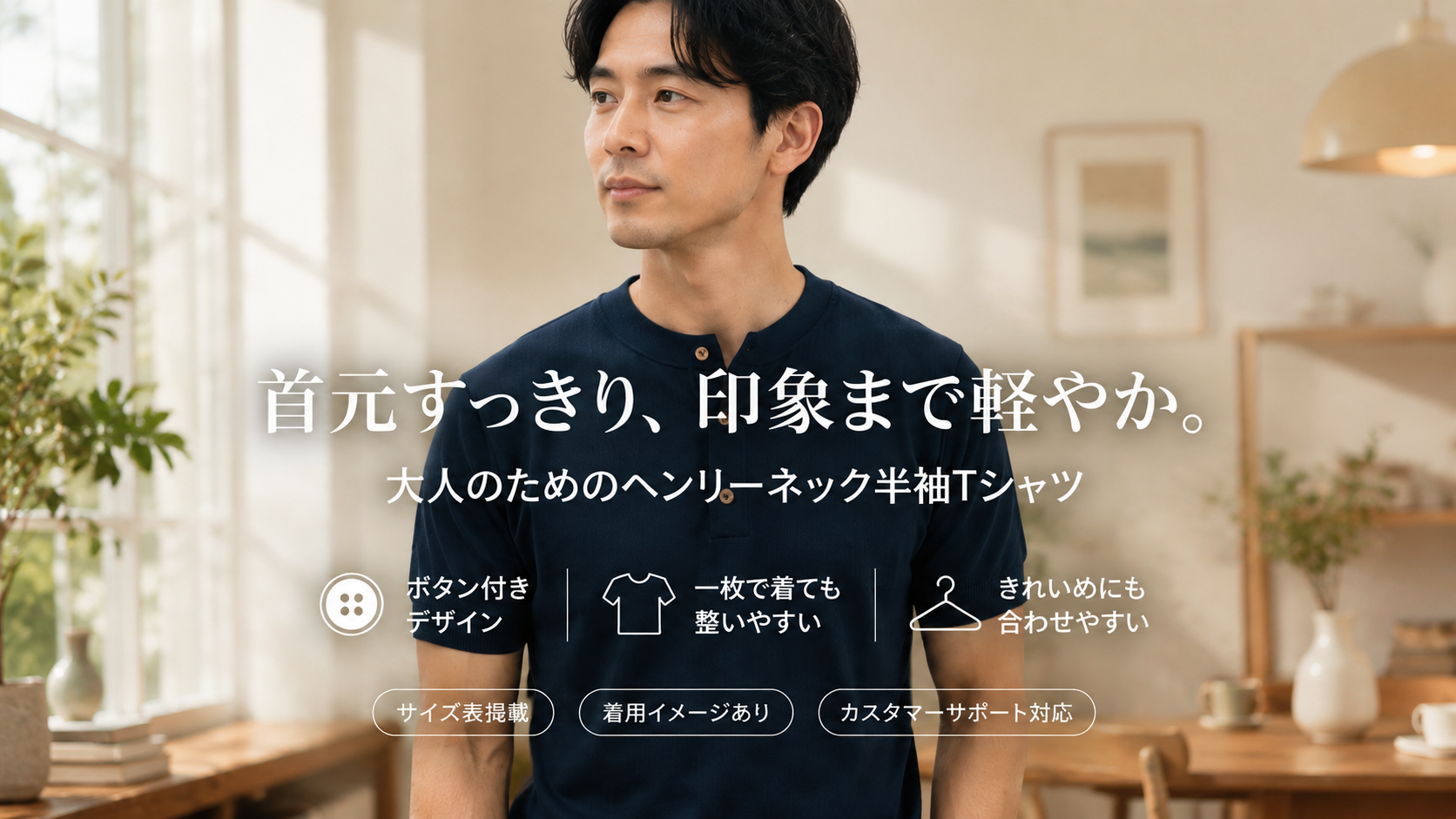 メンズヘンリーネック半袖Tシャツ