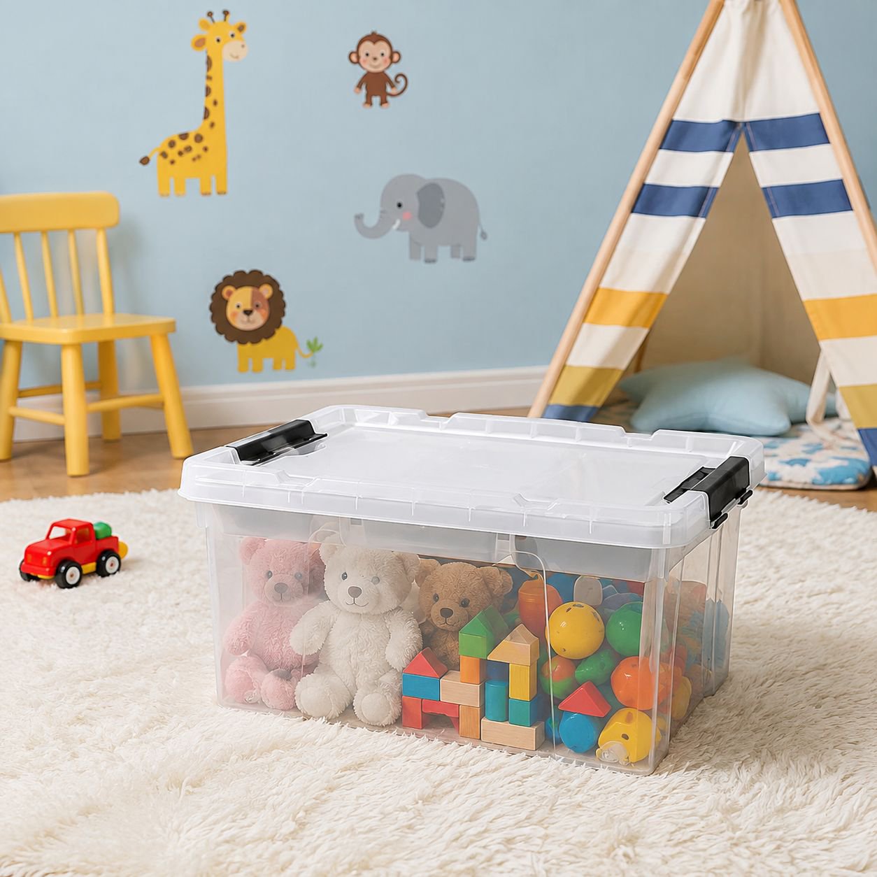 Multi-size clear storage bins for household use
