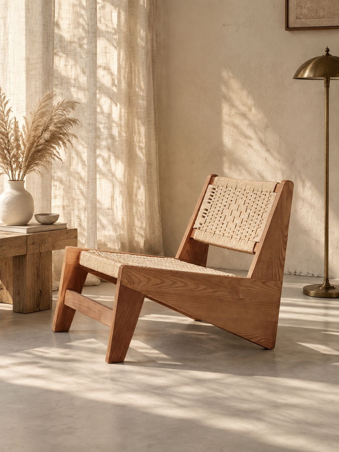 Massiver Holzsessel im Vintage-Wabi-Sabi-Stil mit geflochtener Sitzfläche