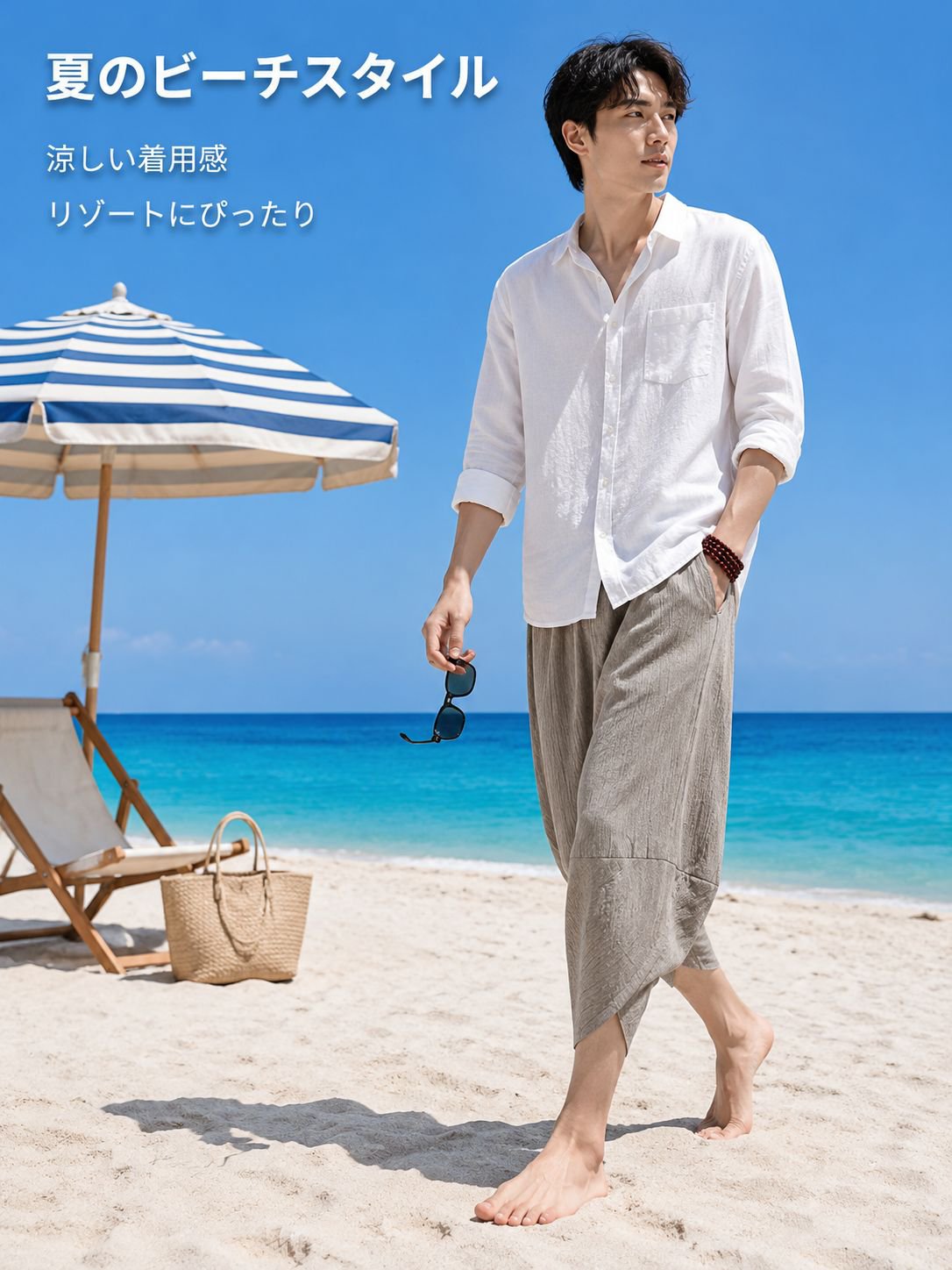 新作メンズカジュアルルーズフィット薄手パンツ、ハーレムパンツ、ランタンスタイル、ビーチカプリパンツ