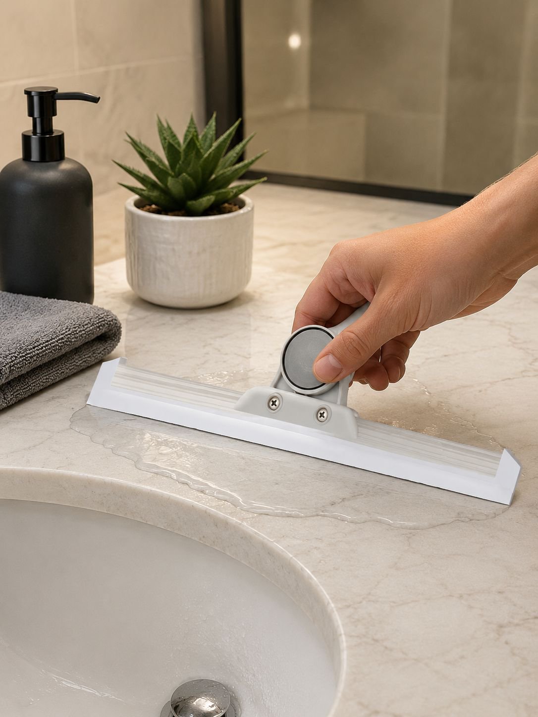 Silicone magic broom scraper in modern bathroom setting