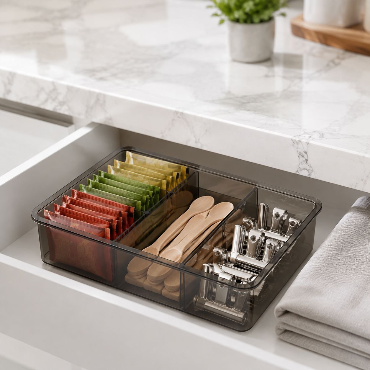 Close-up of adjustable drawer divider mechanism