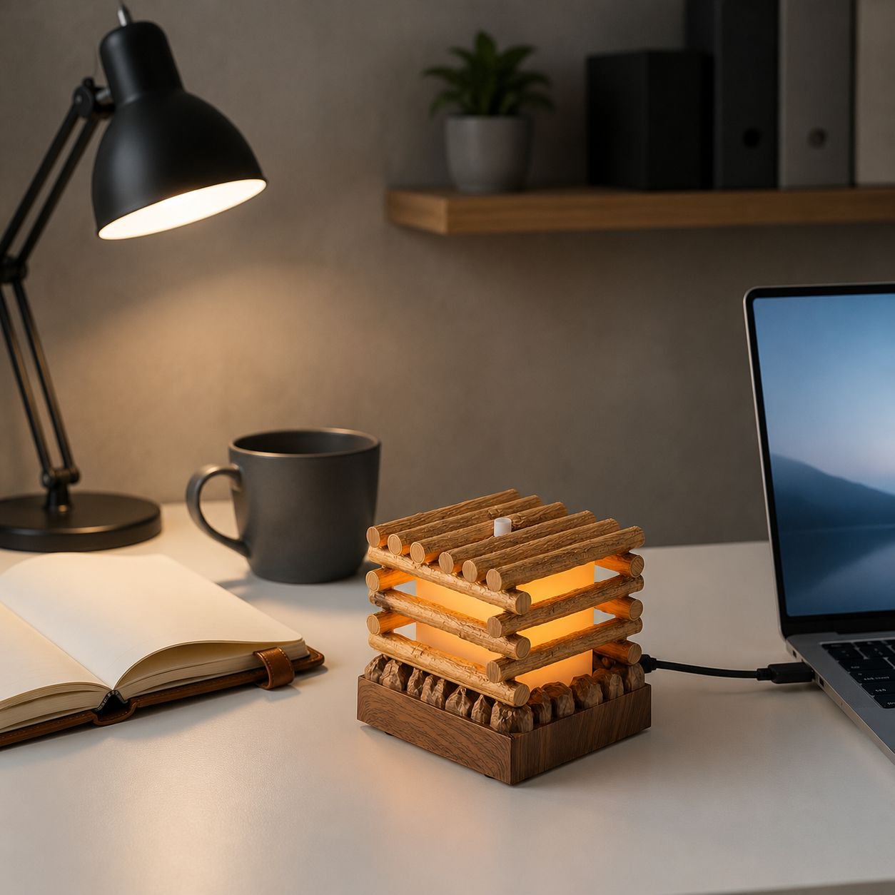 Desktop Flame Aroma Diffuser, Wooden Style Home Humidifier, USB Portable Air Purifier