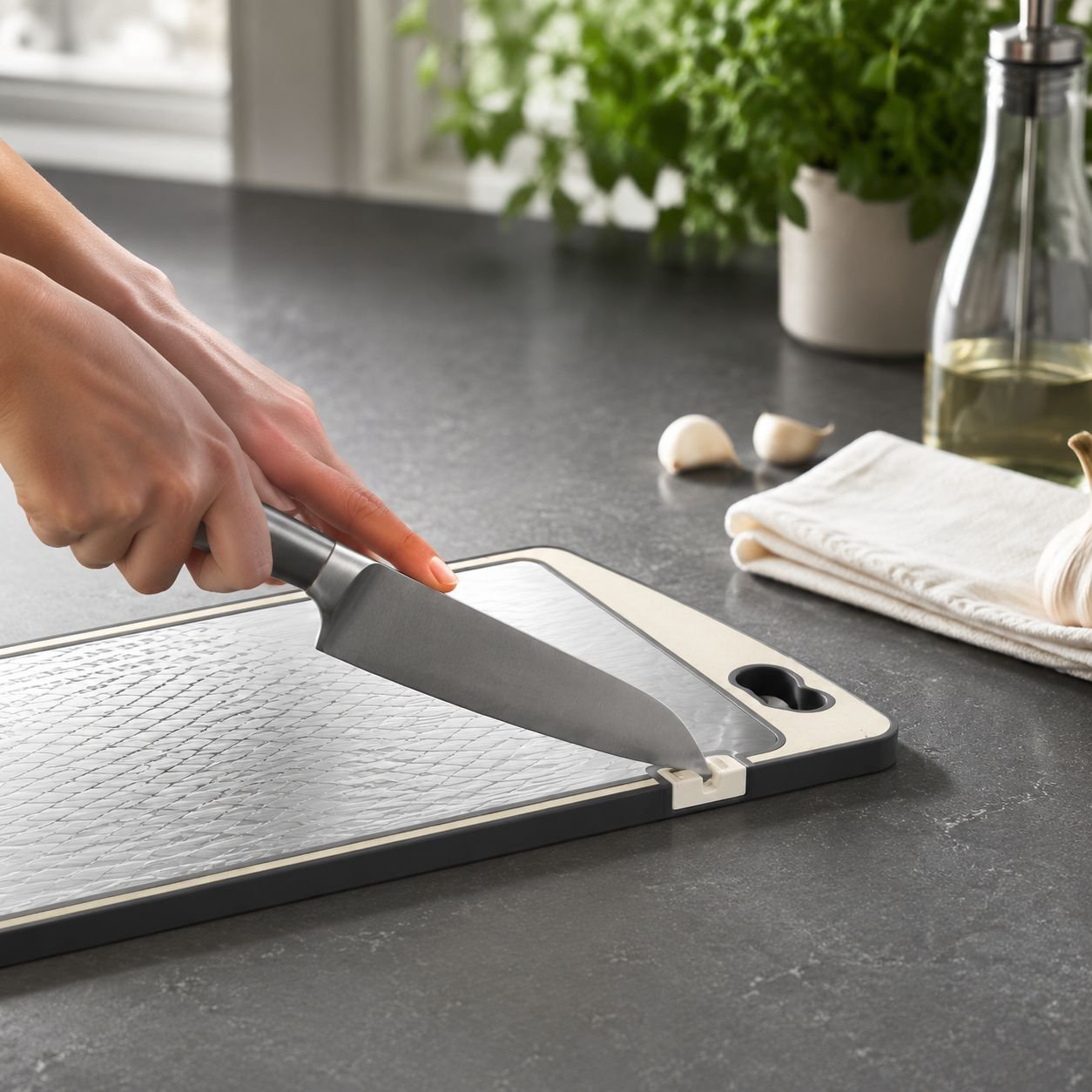 Cutting fresh vegetables on double-sided stainless steel board