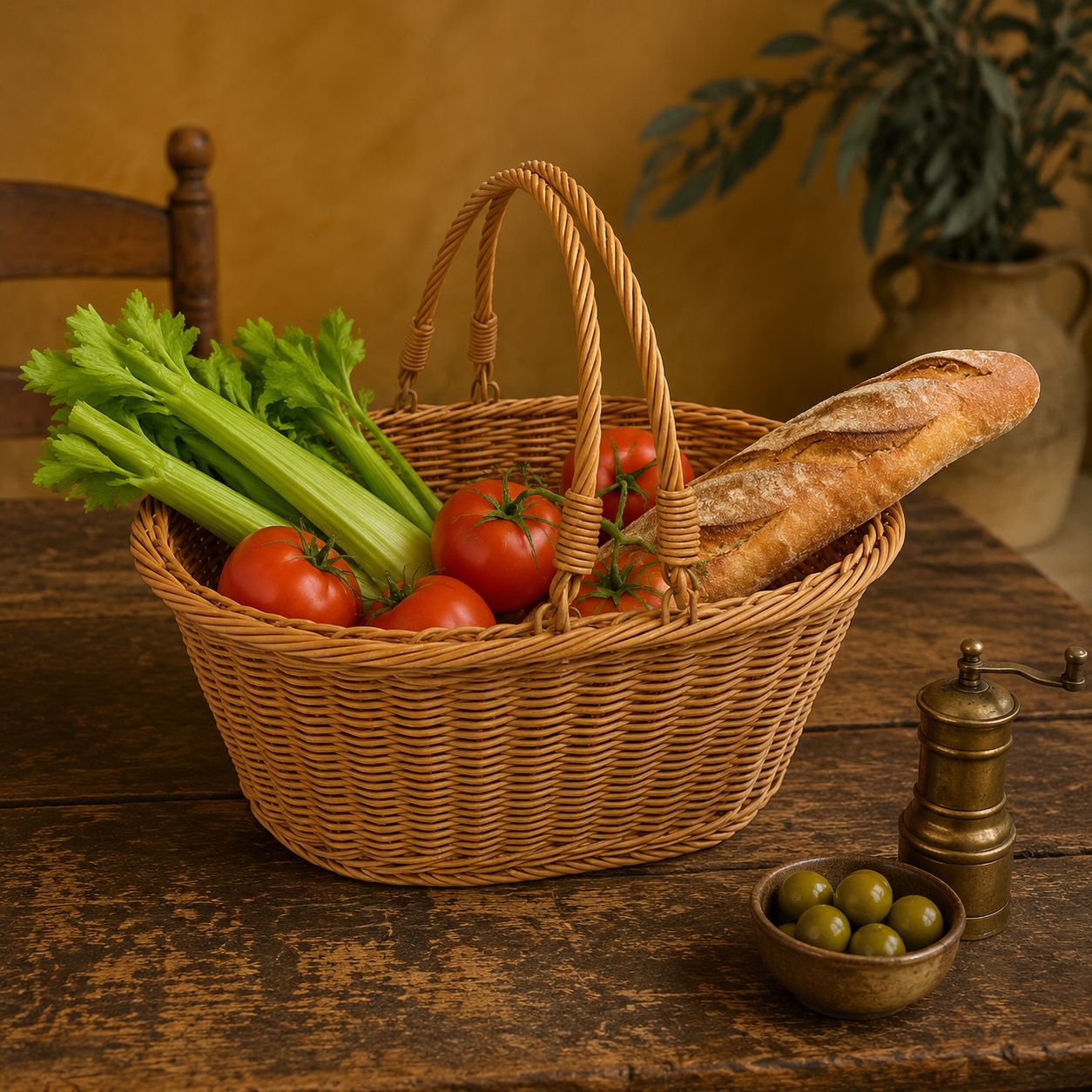 Panier de courses ovale en rotin synthétique tressé à la main, panier à légumes portable