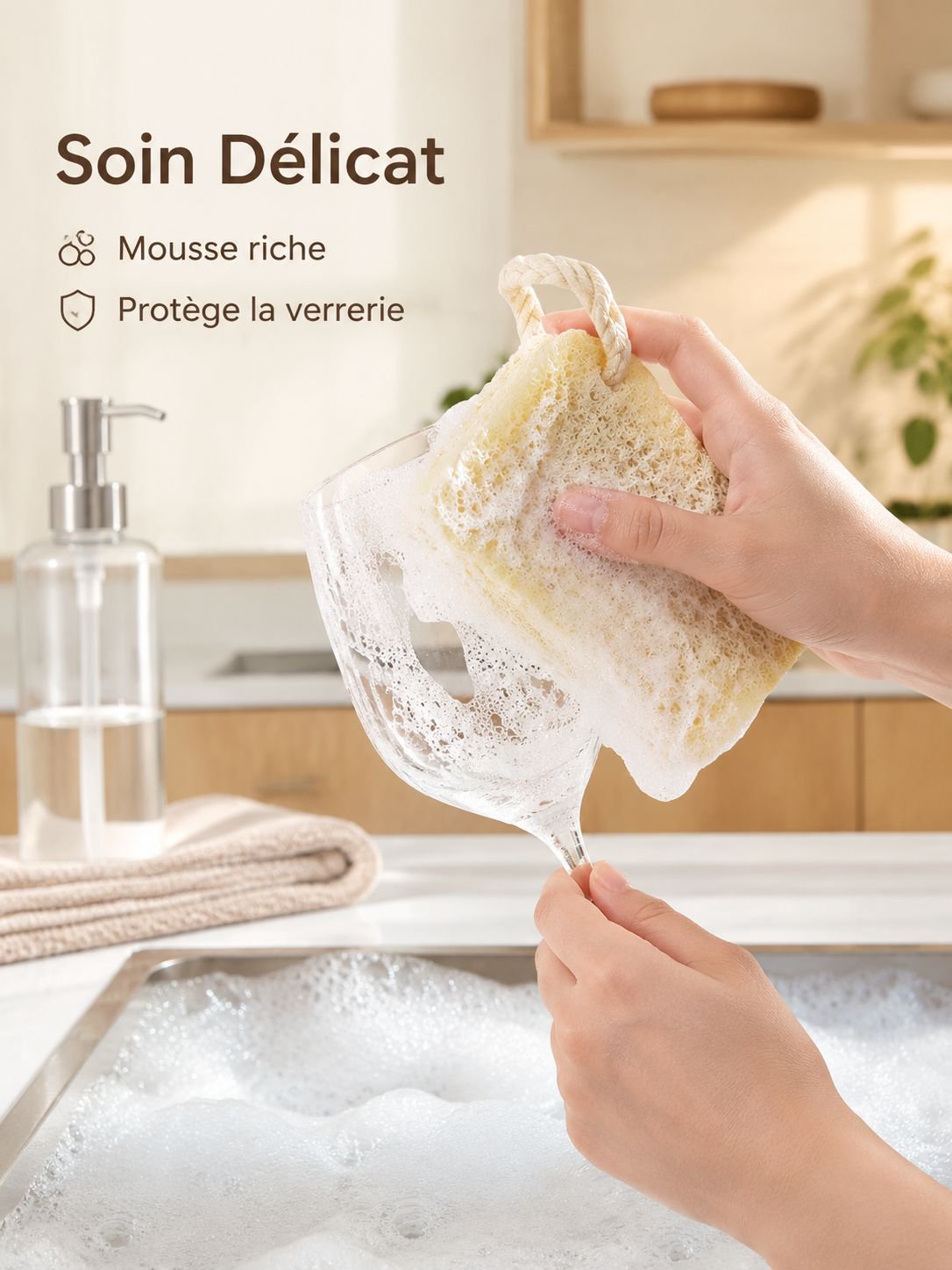 Éponge double face en pulpe de bois et luffa pour vaisselle