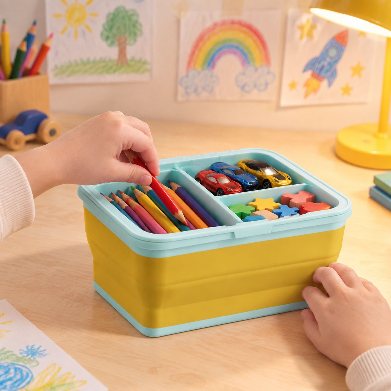 Durable silicone toy organizer in bright colors