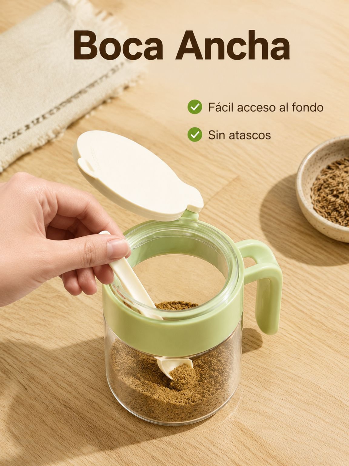 Botella de vidrio para condimentos con cuchara