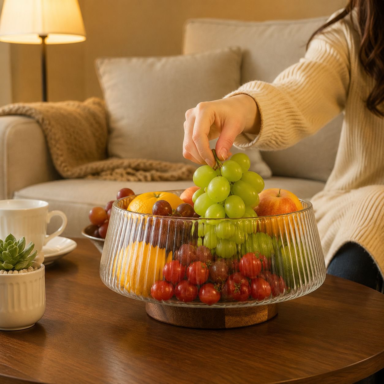 Plato de frutas multifuncional de vidrio a rayas con tenedores
