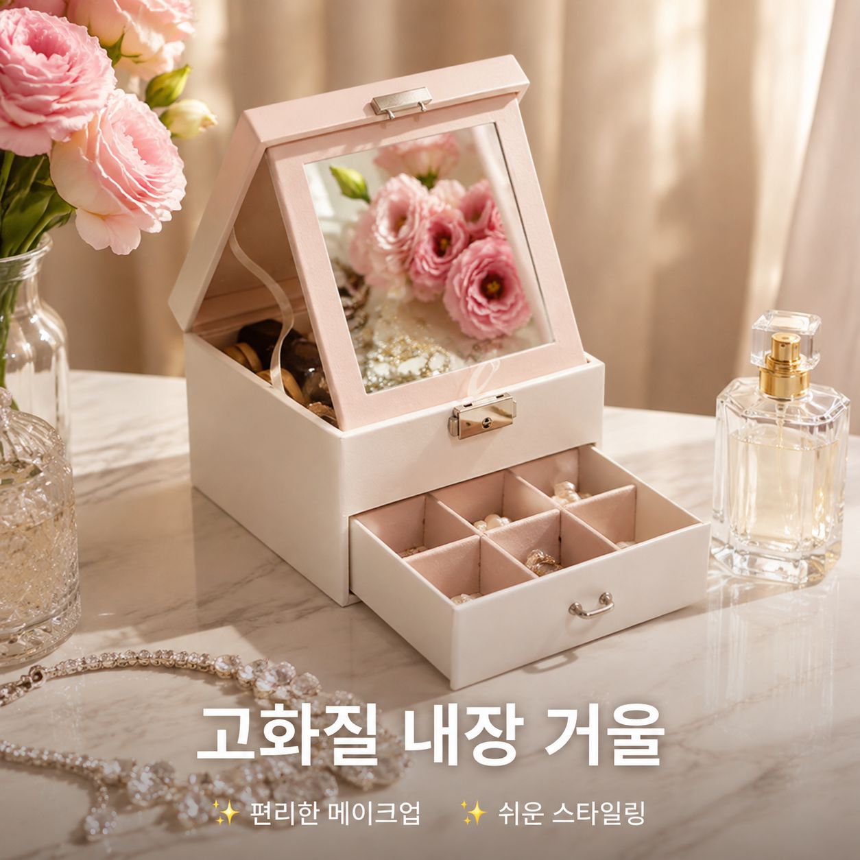 핑크 PU 2단 거울 목걸이 보관함