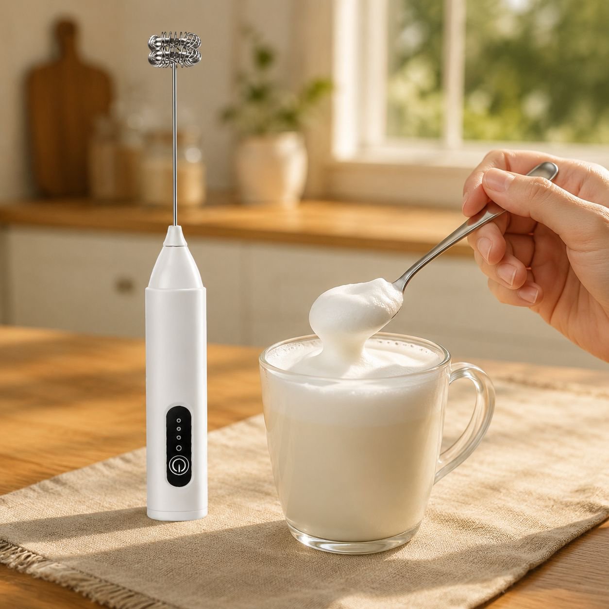 Electric Milk Frother foaming milk in a glass