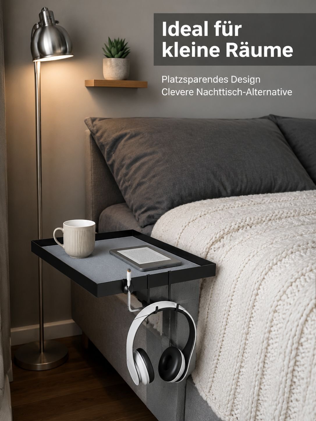 Bett-Side Organizer mit Clip – Telefonhalter und Ablage, bohrfrei