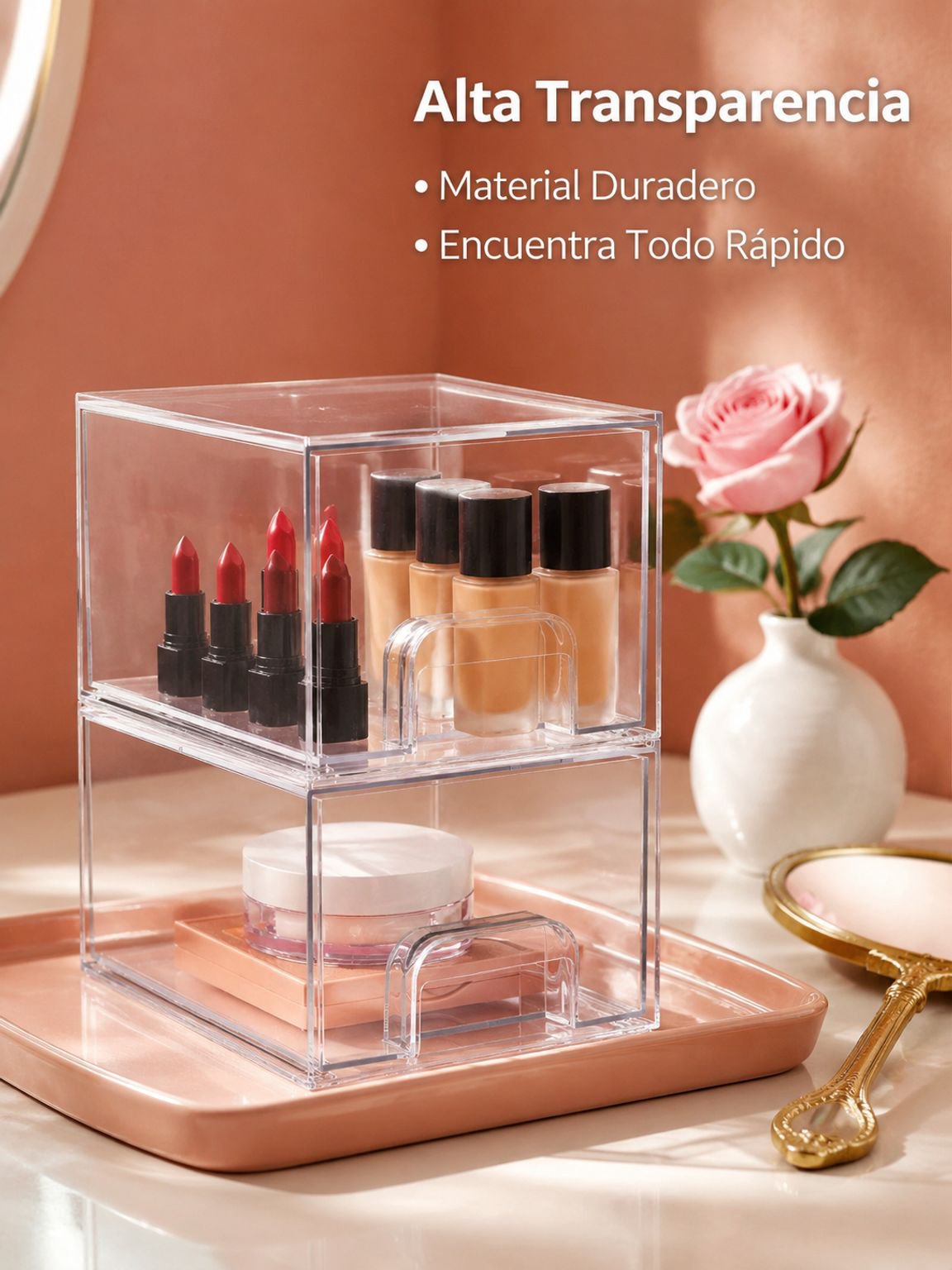 Caja de almacenamiento apilable transparente de material acrílico simulado