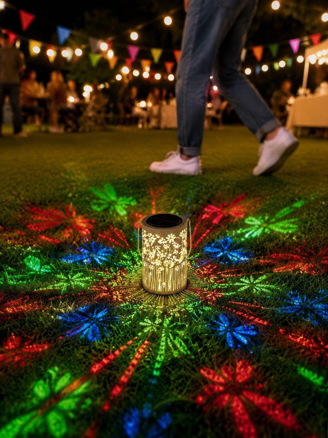 Close-up of dragonfly solar night light in landscaping