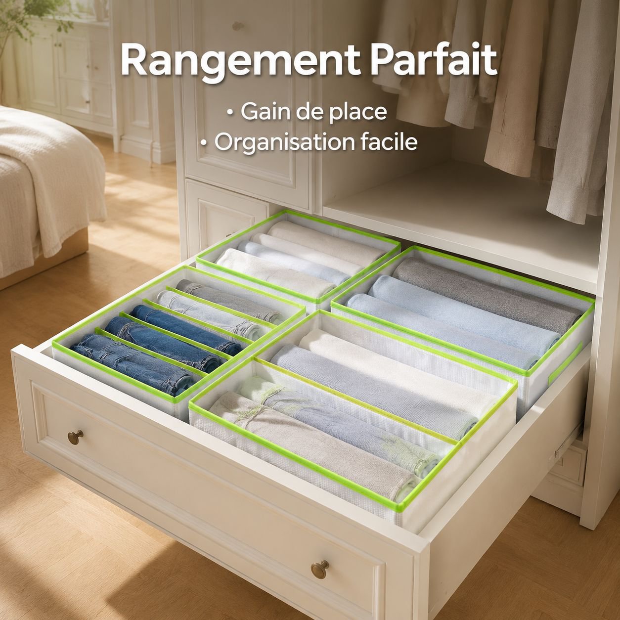 Boîte de rangement pliable et compartimentée en polypropylène pour pantalons et vêtements