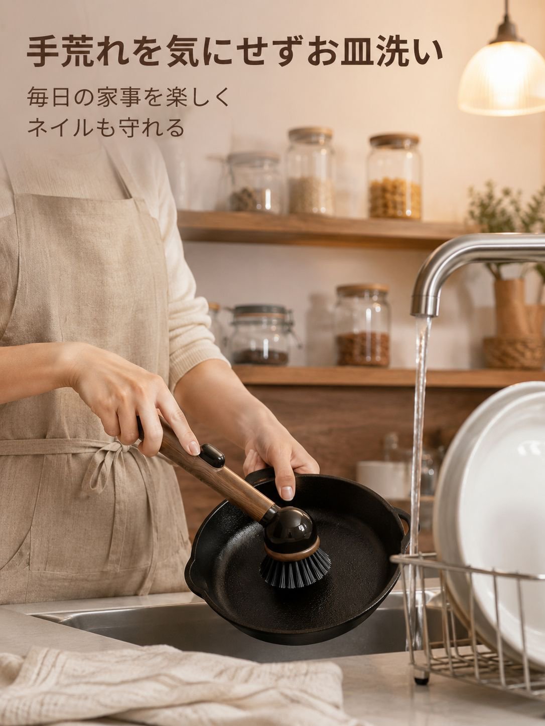 木目調吸盤付き長柄鍋用洗浄ブラシ 液体注入型 キッチン用
