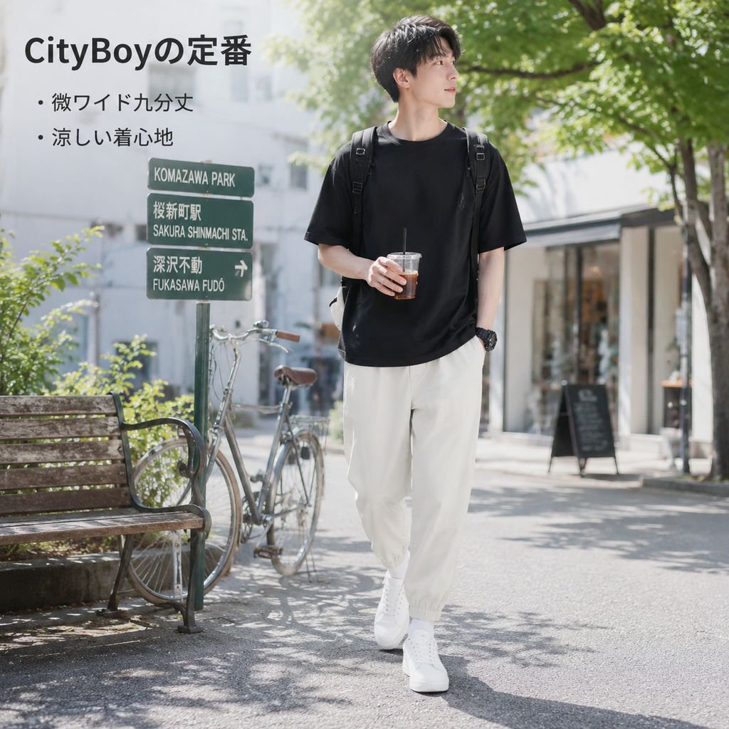 メンズ九分丈アイスシルク速乾パンツ、ルーズ抗菌、通気性裾リブ
