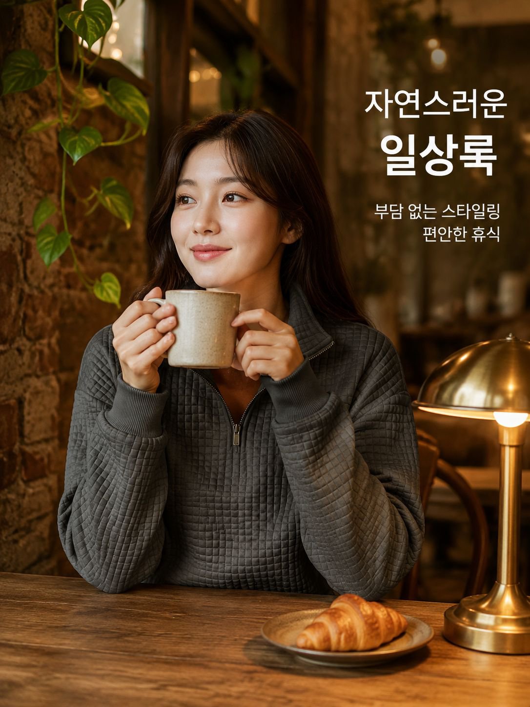 편안하고 여유로운 와플 패턴의 무지 스탠드 칼라 지퍼 긴팔 배색 여성용 맨투맨