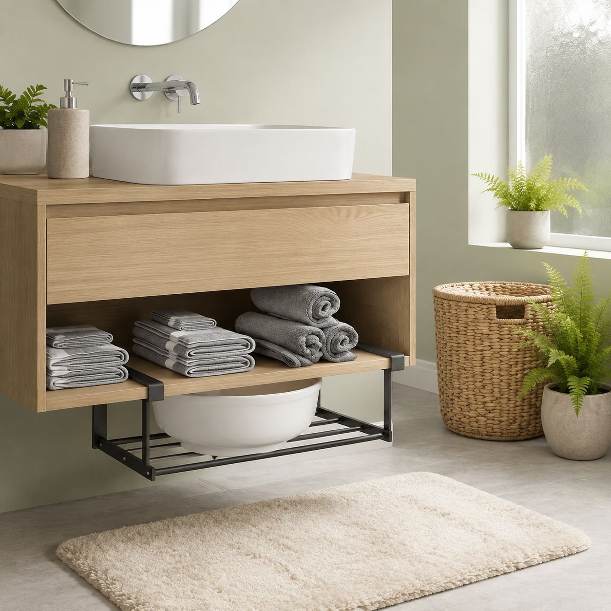 No-Drill Floating Bathroom Basin Organizer Shelf installed above sink