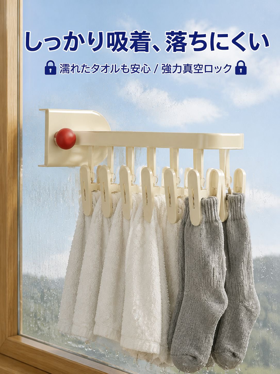 ガラス窓用の吸盤付き折りたたみ式衣類ラック