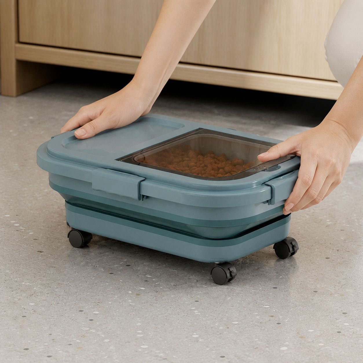 Grain container showing foldable design feature