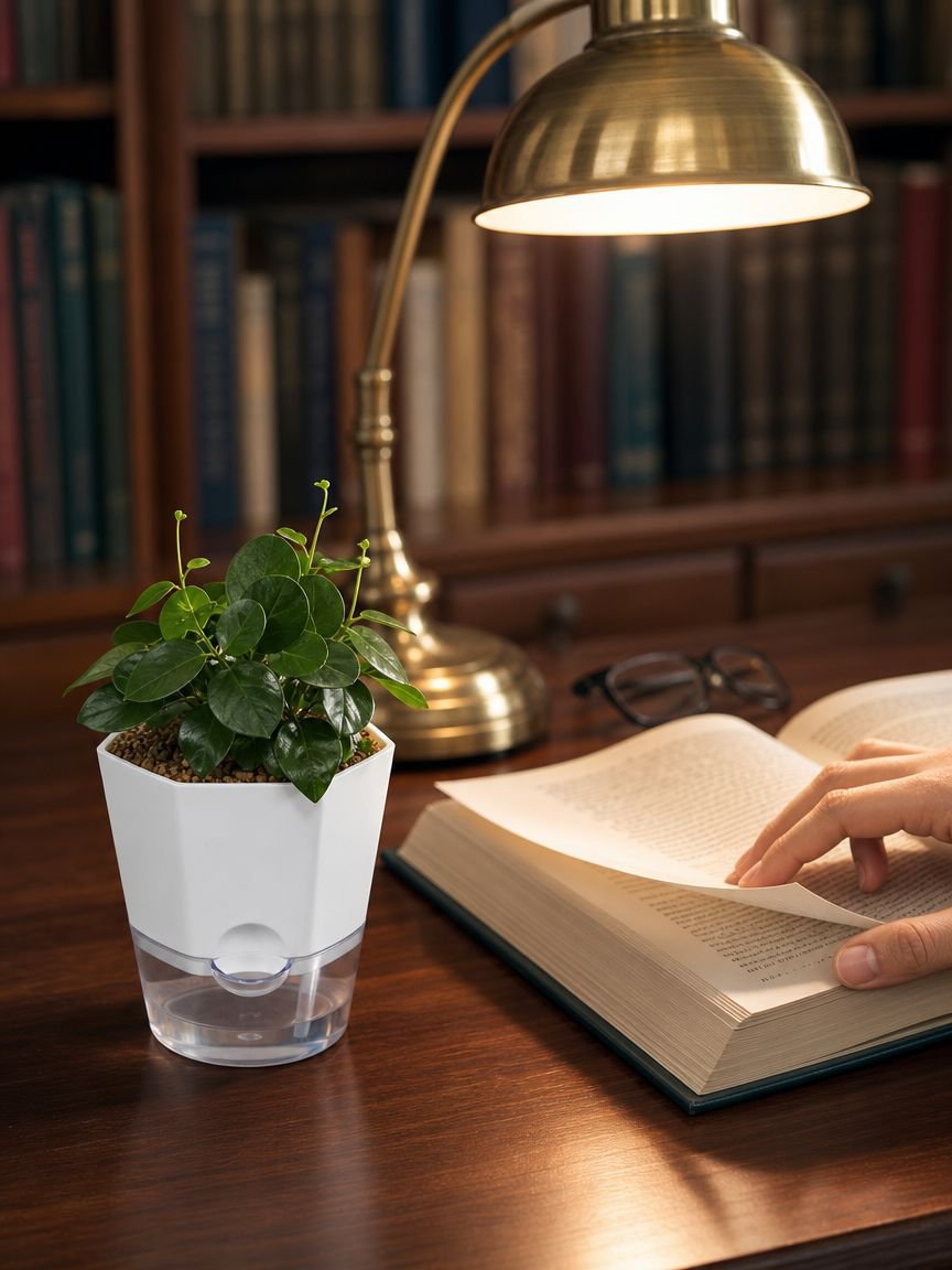 Automatic water-absorbing planter on office desk