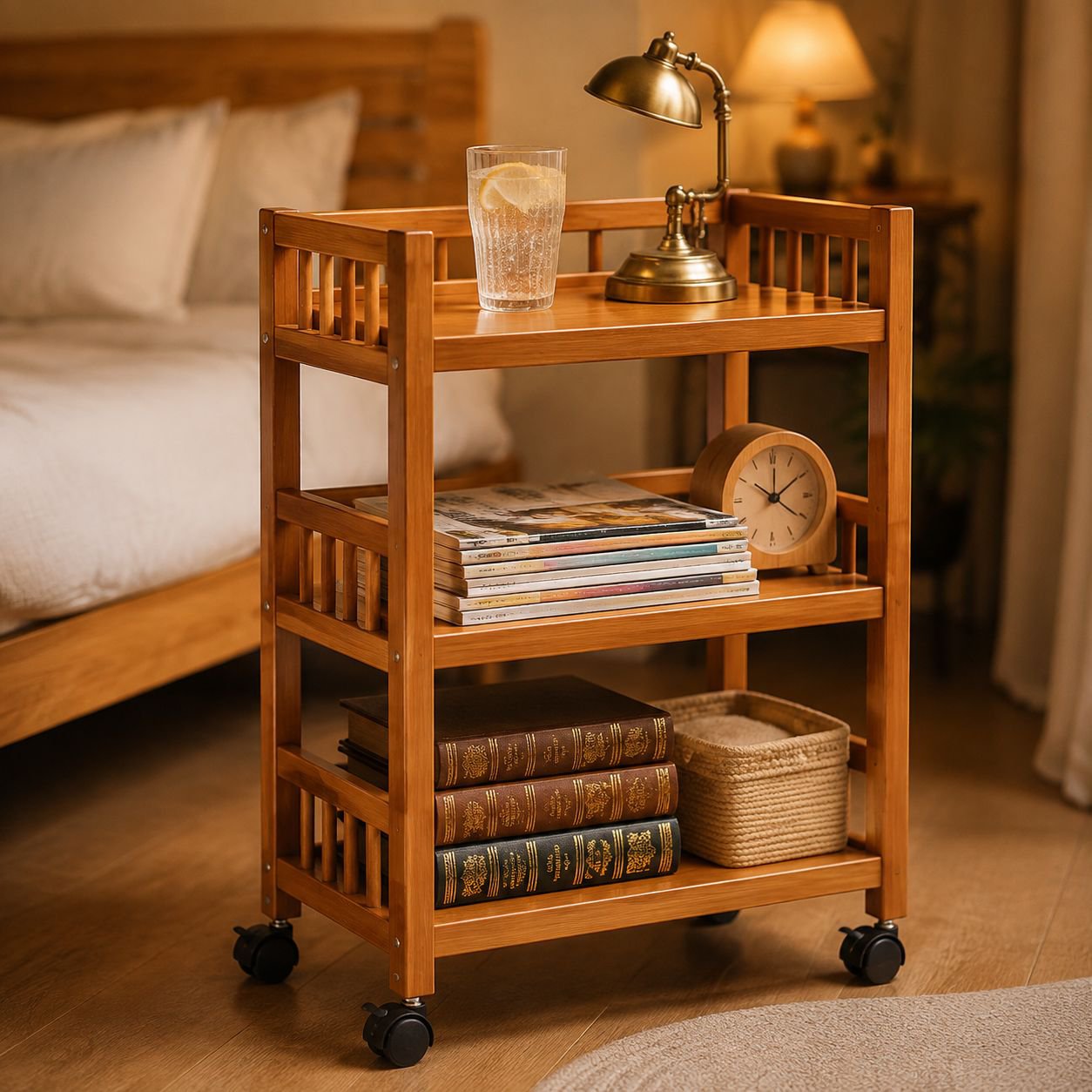 Household movable storage rack trolley living room simple sofa side table snack rack solid wood tea 