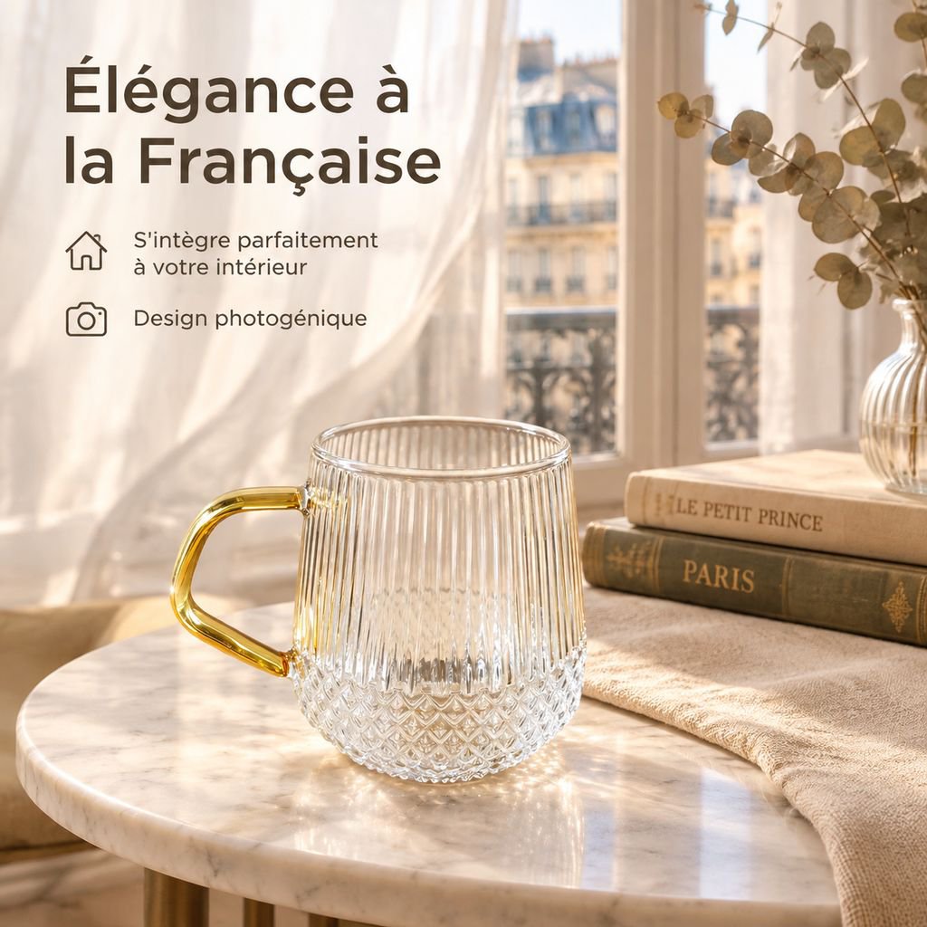 Tasse en verre borosilicate rayé avec anse transparente pour thé et café