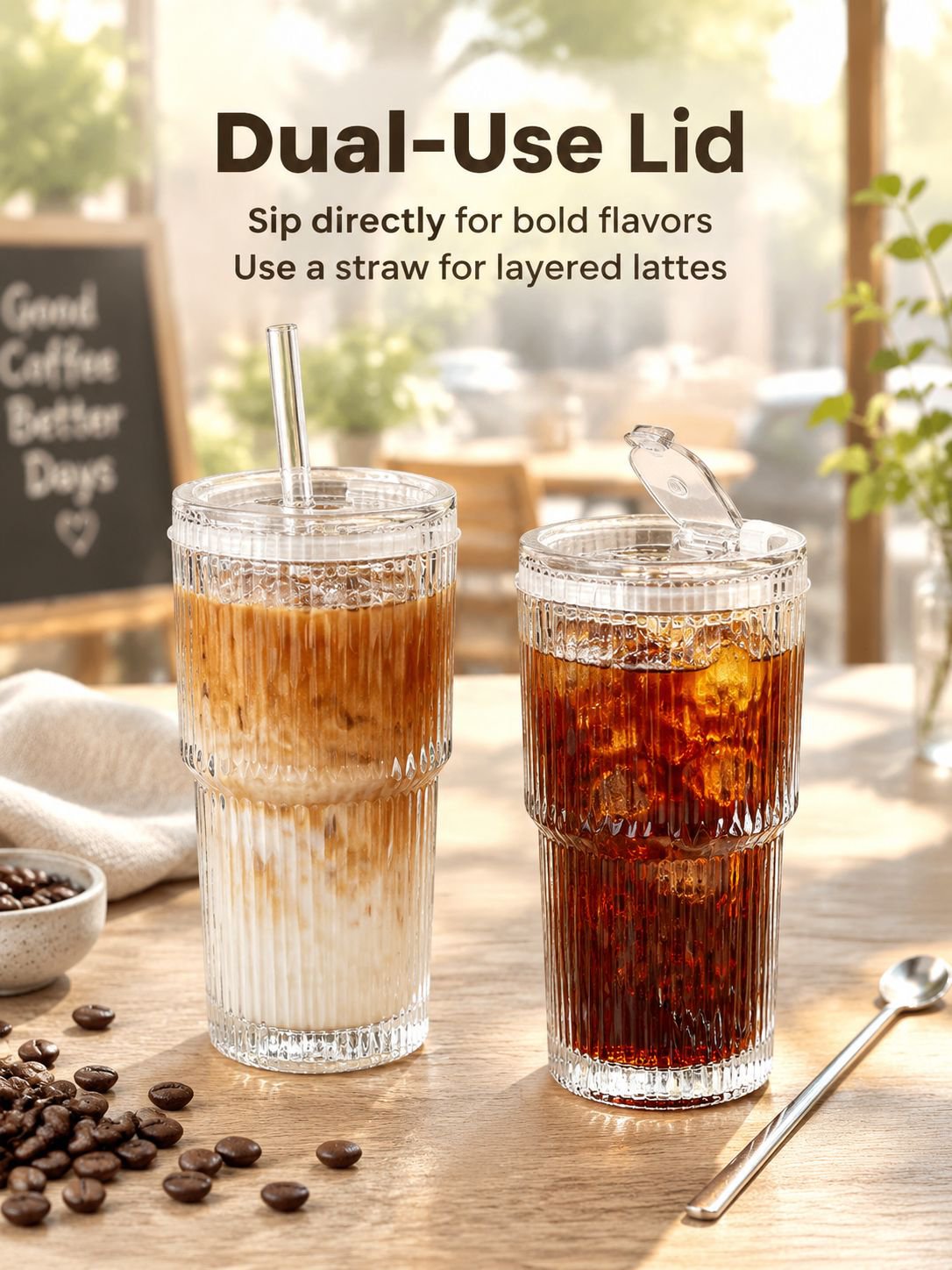 Transparent striped glass cup filled with freshly brewed coffee