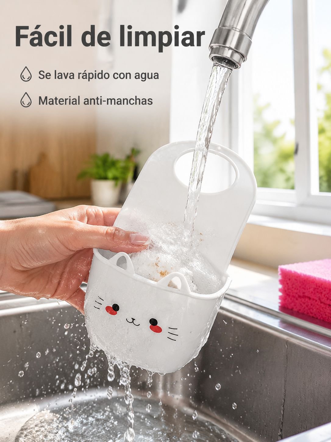 Accesorios de limpieza organizados junto al fregadero