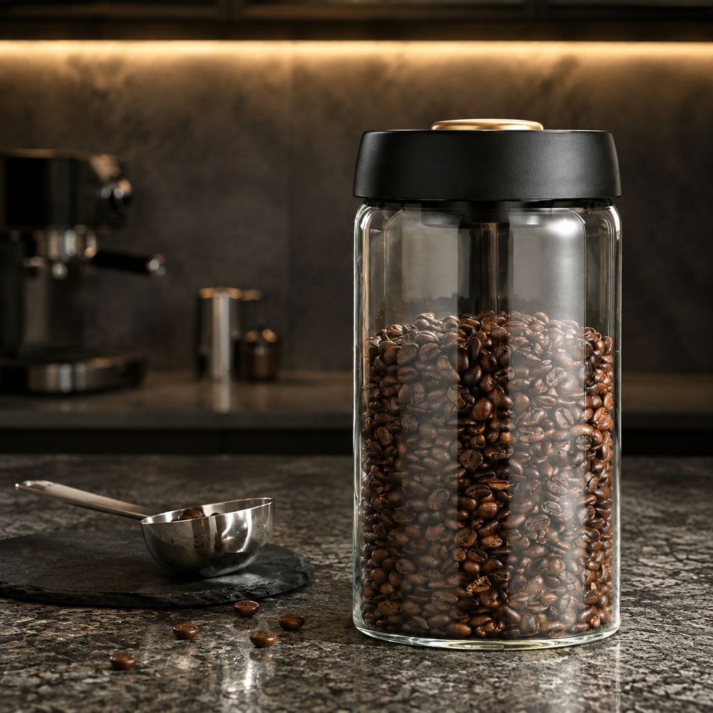 Coffee beans stored in a vacuum sealed jar