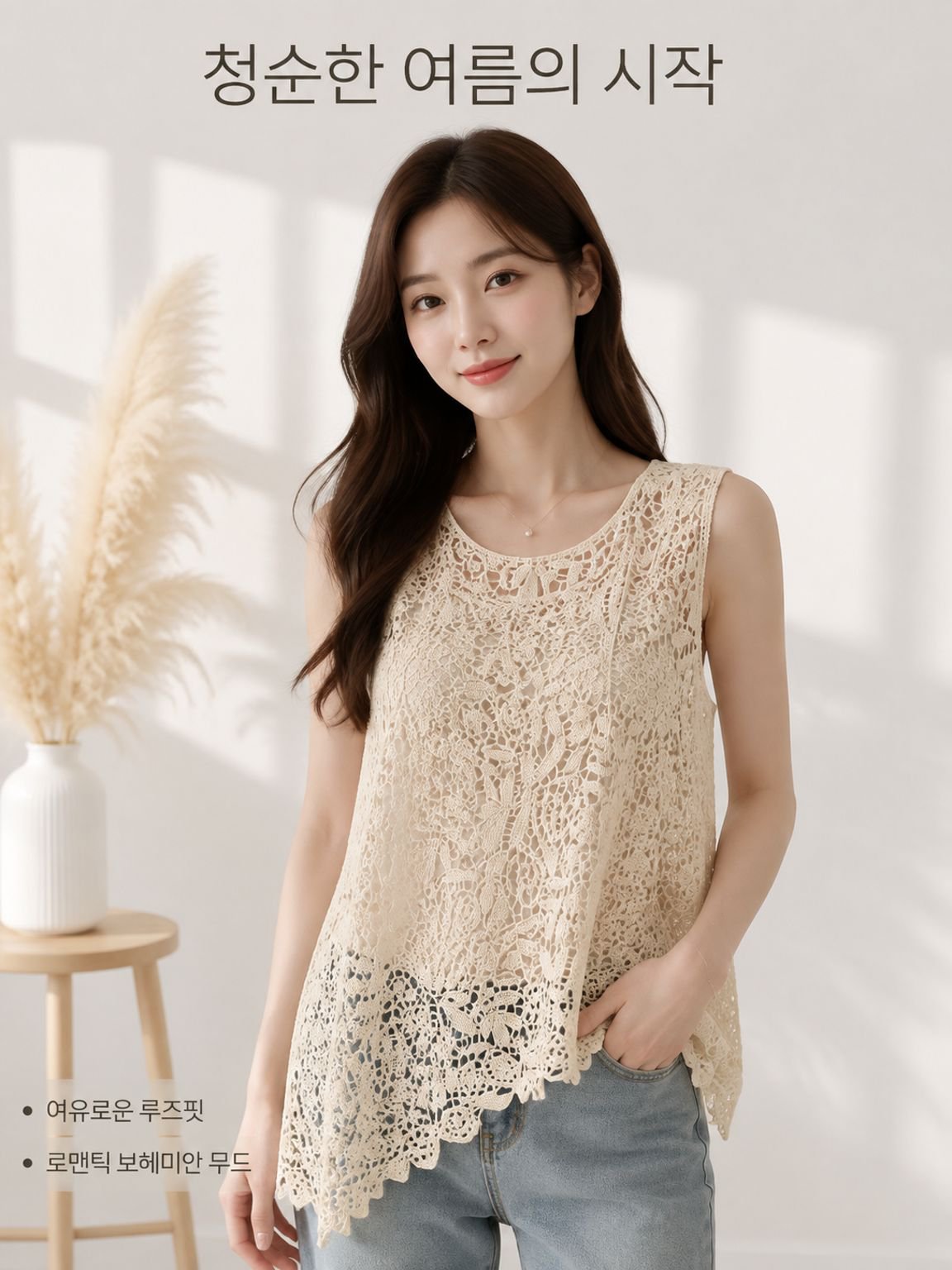 여름 보헤미안 레이스 후크 비대칭 민소매 루즈핏 탑