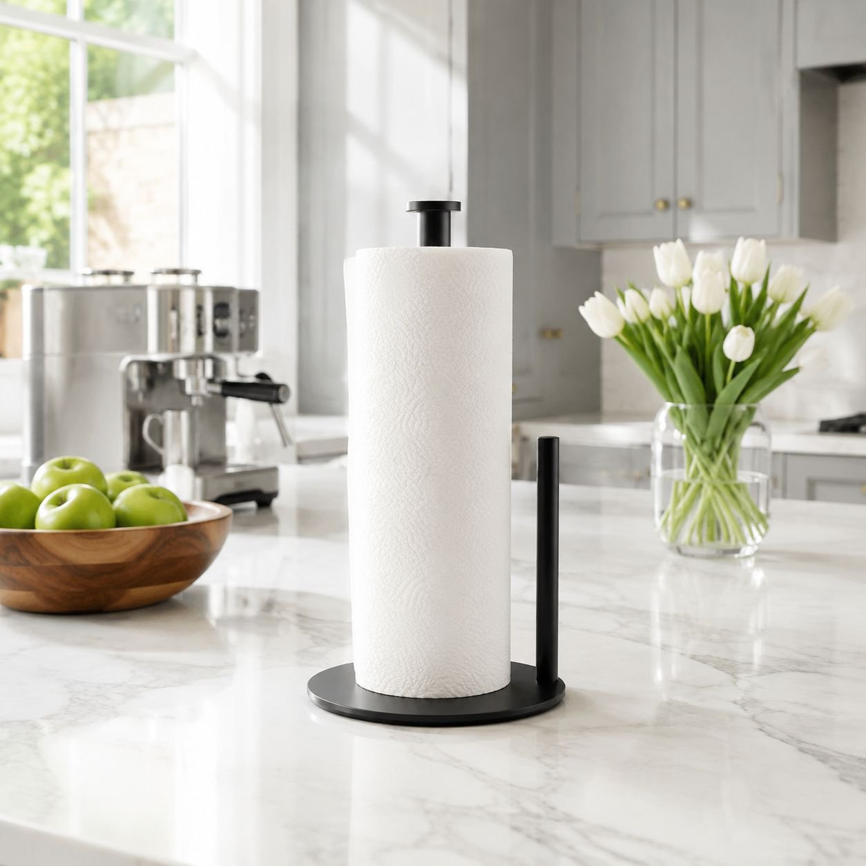 Paper towel holder with convenient one-hand tear feature