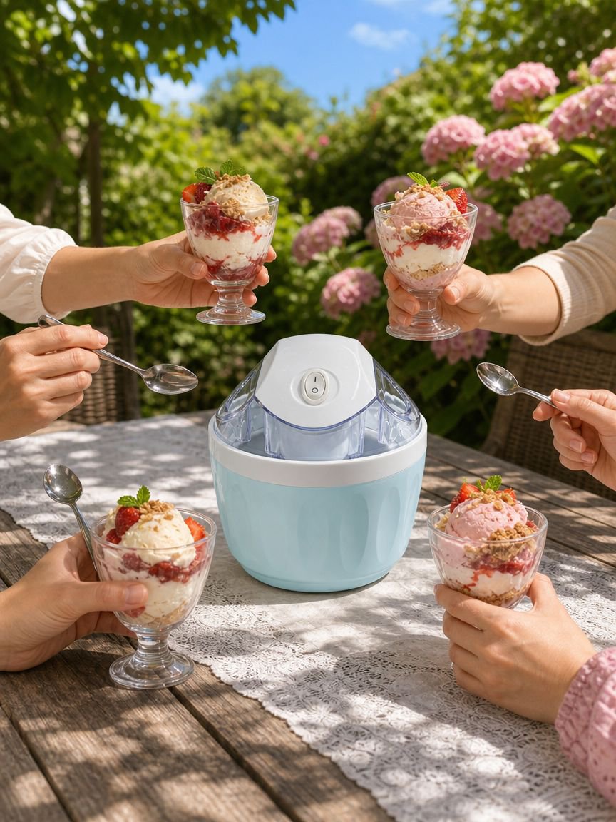 Pouring mixture into the ice cream maker