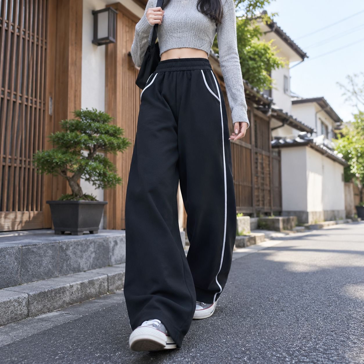 レディース秋冬ゆったり細見せストレートスウェットパンツ サイド配色ハイウエストワイドカジュアルパンツ