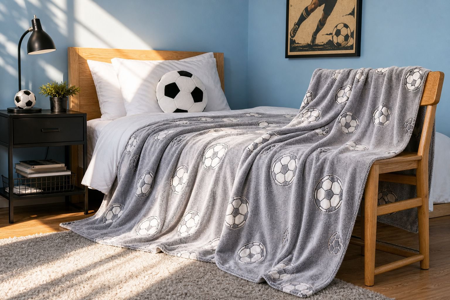 Glow-in-the-dark soccer ball blanket on a bed