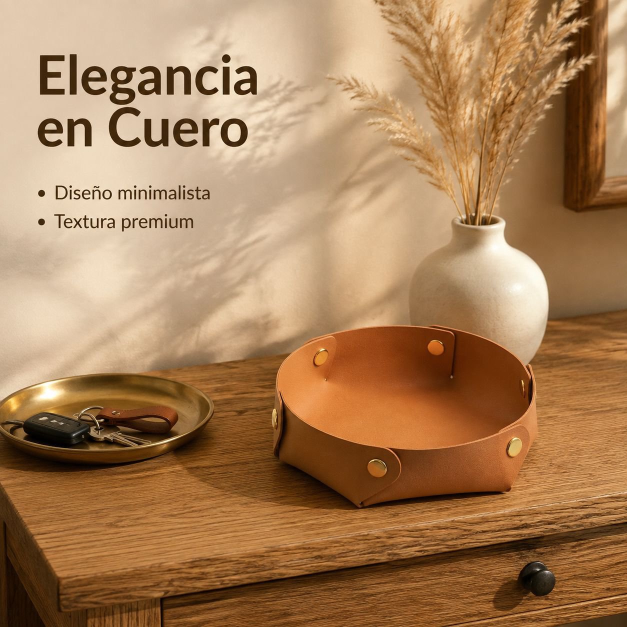 Caja de almacenamiento redonda de cuero para la entrada.
